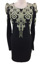 SOKY & SOKA Women's M Black Embroidered Mini Dress Long Sleeves with Zip Used F1