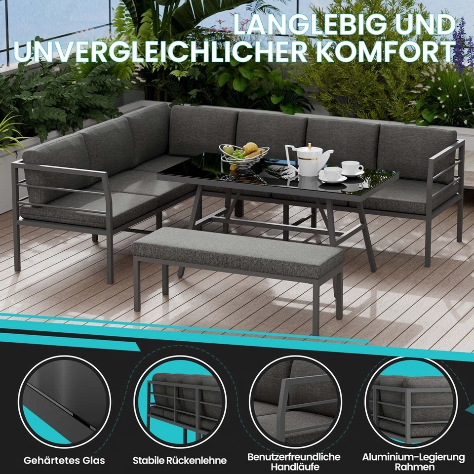 Essgruppe Aluminium Lounge Ecksofa mit Sitzbank Grau Tisch wetterfest - Bild 3 von 4