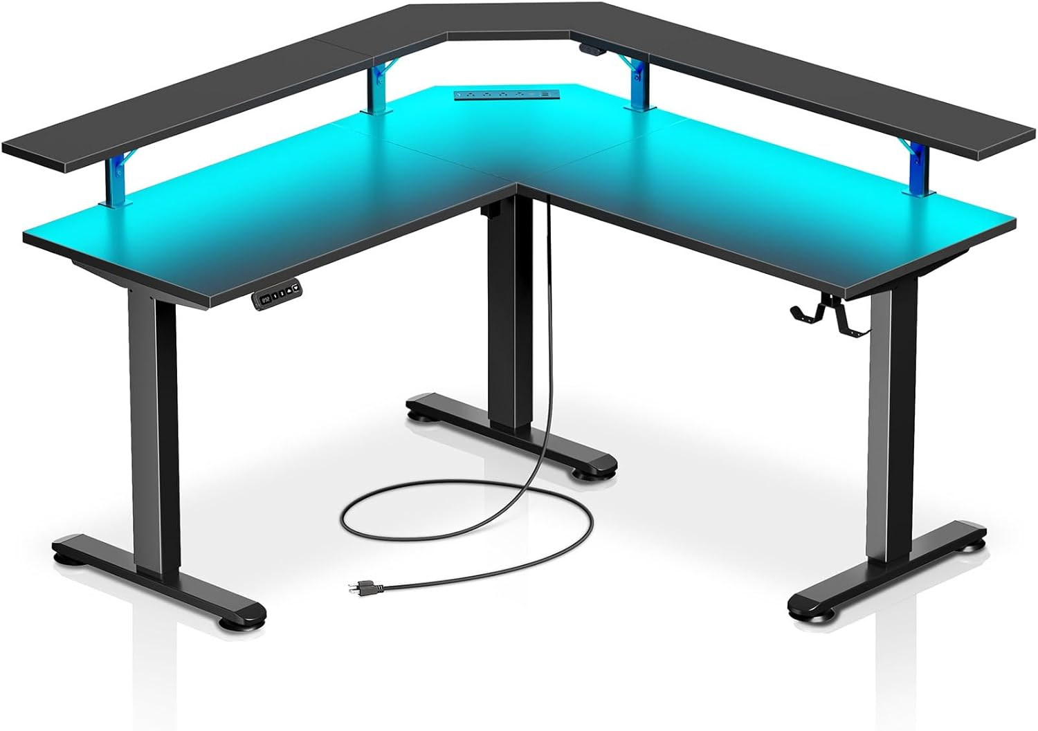 Standing Desk L Shaped with LED Light and Power Outlet, Electric Height Adjustab-image