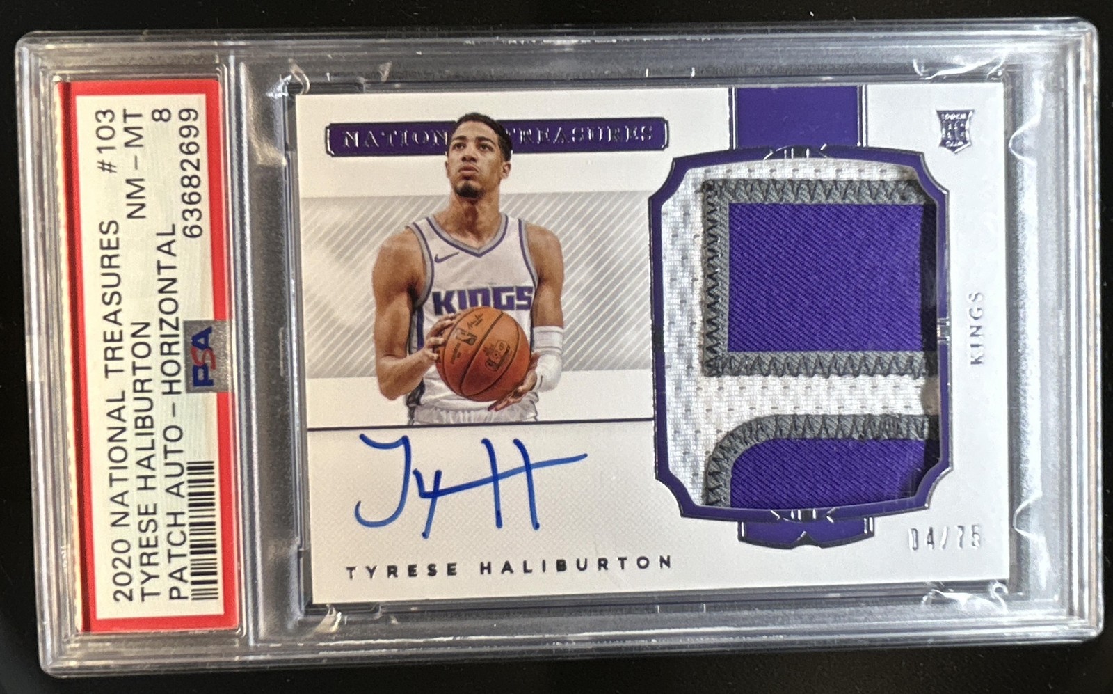 2020-21 National Treasures Tyrese Haliburton Patch Rookie Auto RC VAR #/75 PSA 8