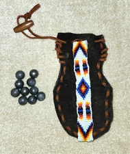 Leather Pouch BEADED STRIP w/ 10 Musket Balls Handmade Mtn Man Muzzleloader