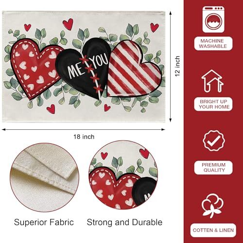 Valentine's Day Placemats Set of 4: Red Black Love Hearts, Eucalyptus Leaves, - Picture 2 of 5