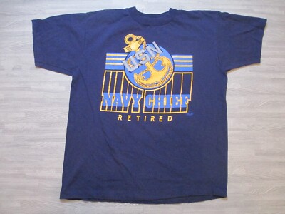 Vintage 90s Single Stitch T-Shirt Herren Large Blau USN Navy Chief Retired