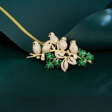 Gold Plated Bird Brooch Pin CZ Green Animal Luxury Costume Jewelry Accessories