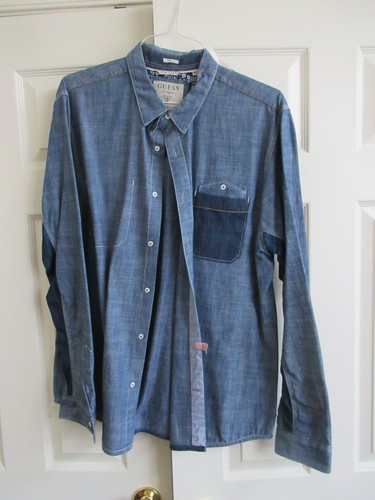 Guess Men's Long Sleeve Shirt XL/Slim Fit 100%Cotton Blue/Blue Accents - Picture 10 of 10