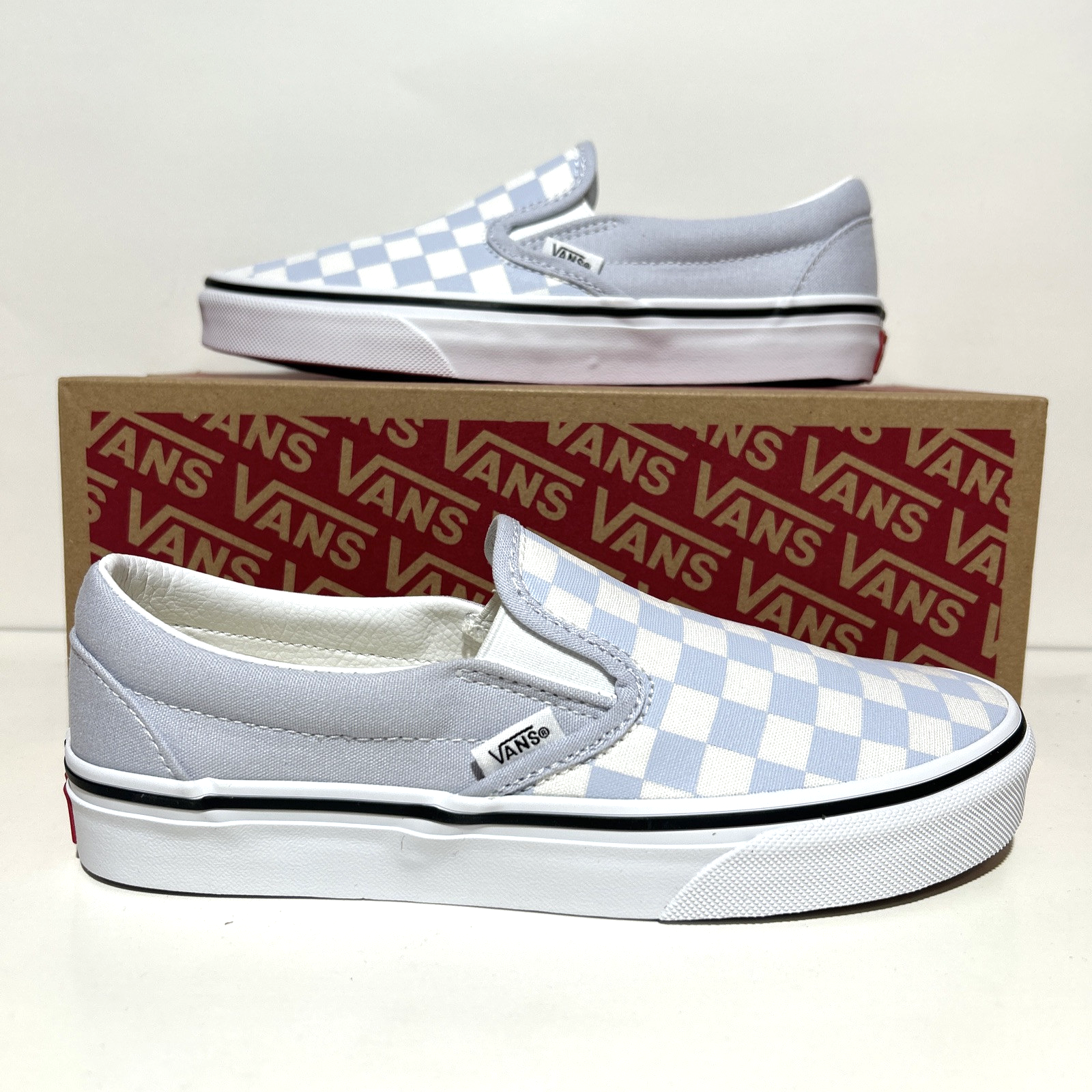 Vans Slip On Checkerboard Sneakers Womens Size 7.5 Light Blue Casual Comfort Beach Style-image