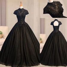 Black Gothic Wedding Dresses Bead Cap Sleeve High Neck Lace Applique Bridal Gown