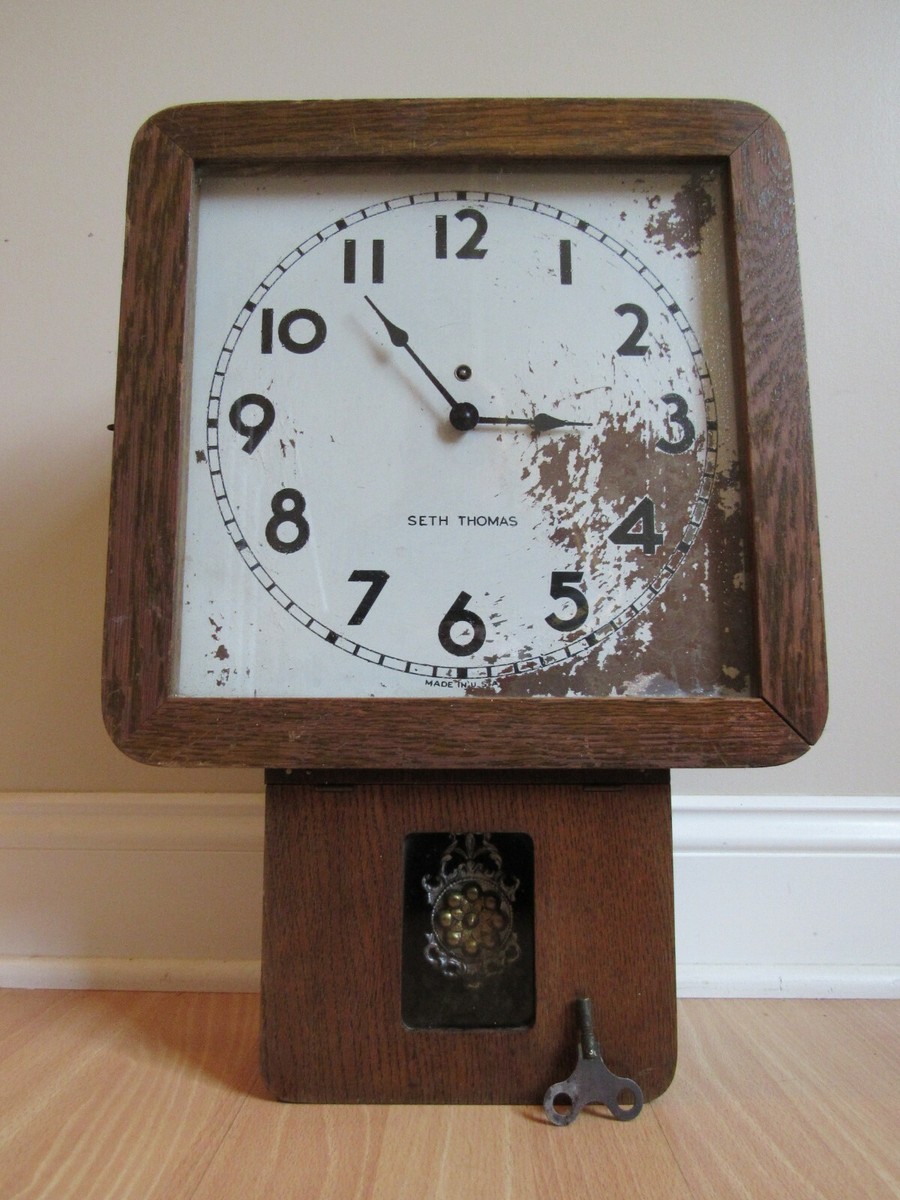 rare ANTIQUE regulator SETH THOMAS wall clock OAK LARGE SQUARE