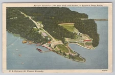 1950 Postcard Airview Kentucky Lake State Park & Harbor Eggner's Ferry Bridge KY