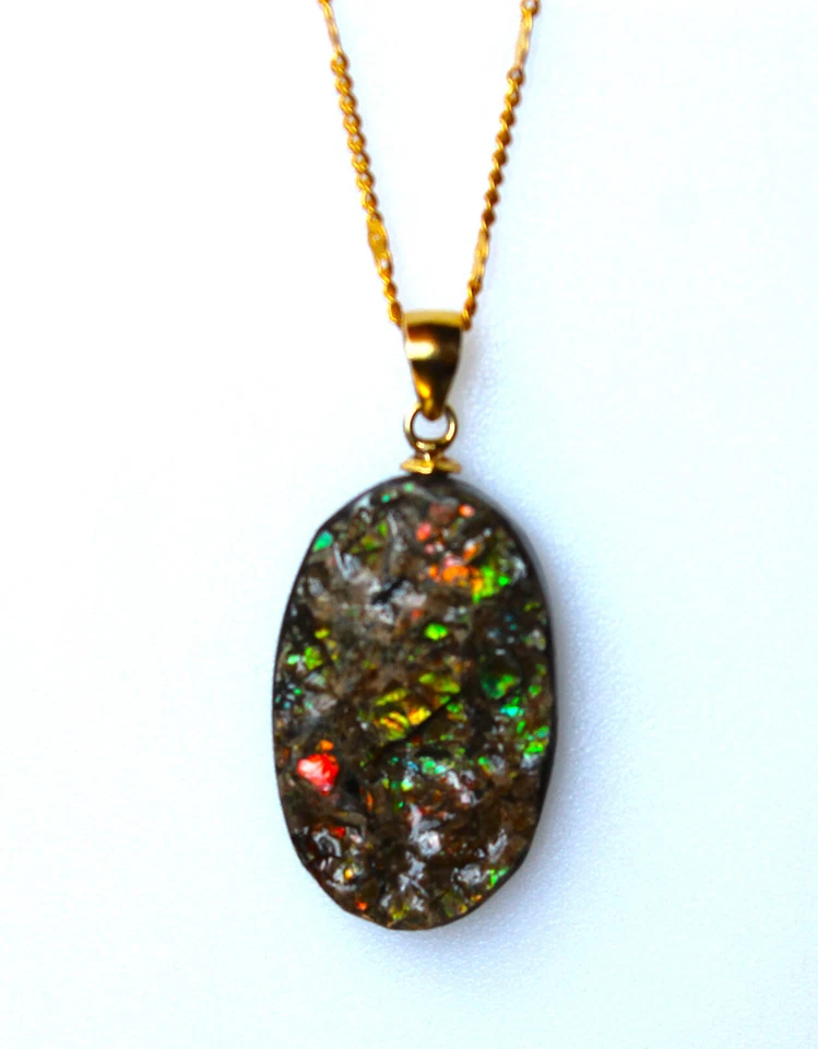 Ammolite Multicolore du Canada de 21,250 ct - Pendentif Argent 925 Doré + Chaîne - Photo 3/4