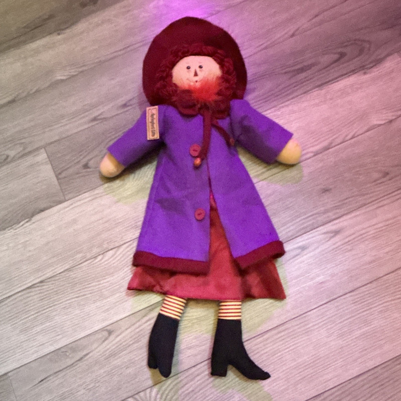Springford Gifts Cloth Rag Girl Doll Red Yarn Hair Purple Coat Red Hat