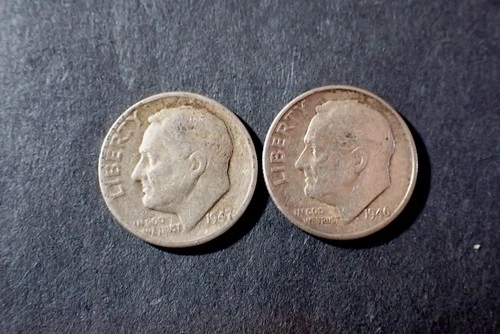Two  Roosevelt Dimes  1946D 1947D Good Cond 90% Silver   Lot ROOS  072