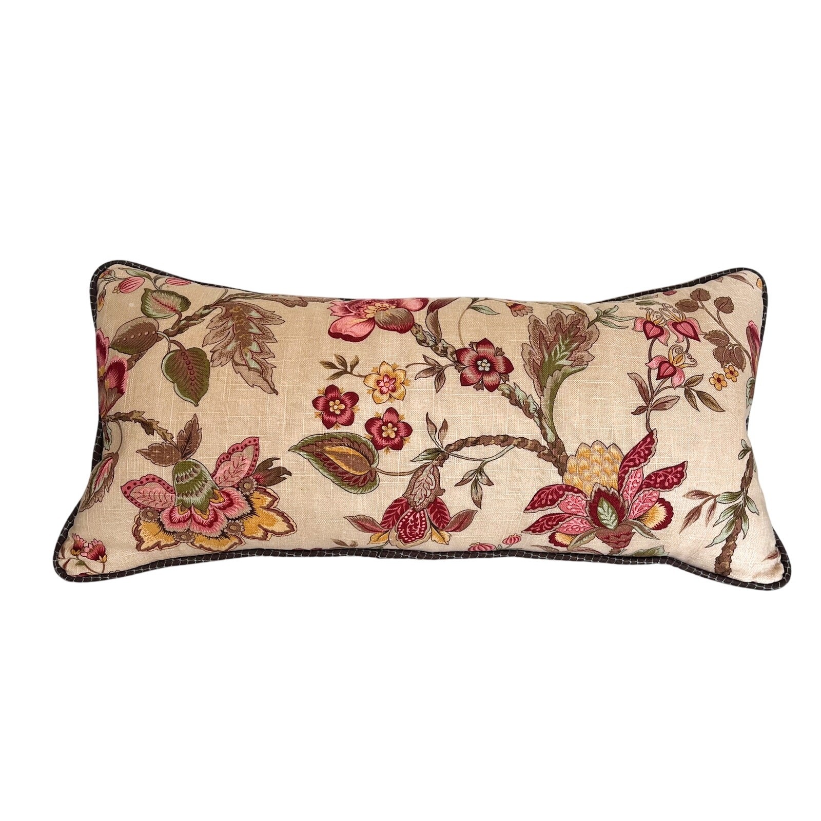 Floral Boho Lumbar Pillow Decorative Accent Throw Beige Linen Rectangle 12 X 24