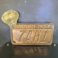 Vtg 1934 Arizona Copper License Plate W Brass State Farm Mutual Topper 7ah1 Vgc Vtg 1934 Arizona Copper License Plate W Brass State Farm Mutual Topper 7ah1 Vgc
