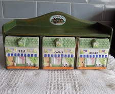 Vintage Ceramic Cottage Cannister Drawers In Wooden Shelf Tea Coffee Sugar