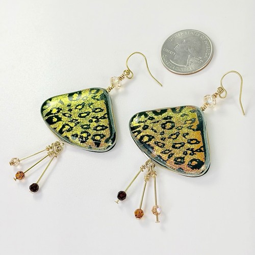 OOAK Green Yellow Orange Dichroic Fused Art Glass Earrings Animal Leopard Print
