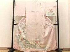 Japanese Kimono Visiting Embroidery Flower Carriage Haze Dyed Pure Silk Special