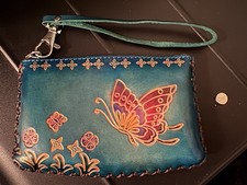 Blue Embossed Butterfly Floral Women's Wristlet Wallet with Strap  Zipper
