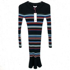 Parker New York Bruna Knit Dress Black Stripe Bodycon Crewneck Flare Hem XS 