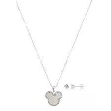Disney Mickey Ears Silver Plated Faux Pearl Necklace Earrings 2 Piece Set NEW