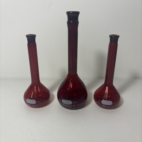 3 Vintage PYREX KIMAX Ruby Red Glass Beakers - 100ml & (2)50ml Volumetric Flask - Picture 1 of 4