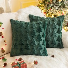 Set of 2 Christmas Tree Green Throw Pillow Covers 18x18 Inch, Soft Faux Fur G...