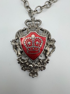 Vintage Coat of Arms Necklace British Heraldic Shield Red Enamel Crown w/ Lion