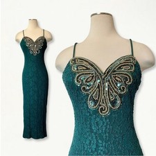 Vintage 1990s Frederick s of Hollywood Green Lace Sequin Studded Formal Dress