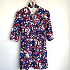 J.CREW Blue Lace Up Printed Dress Short Sleeve Size XS Lined Pockets H4528