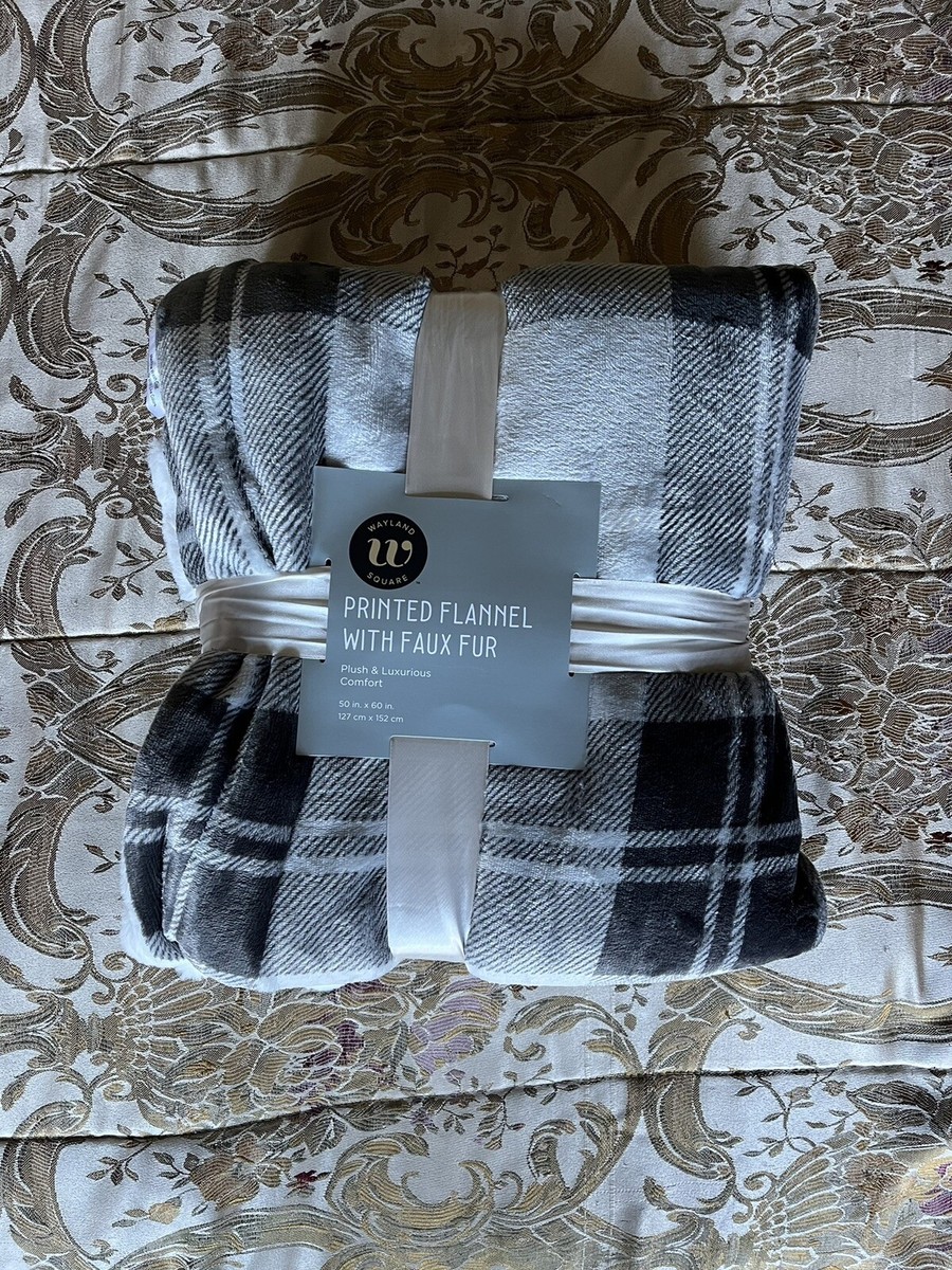 NEW Wayland Square Printed Flannel With Faux Fur 50 X 60 Gray and White