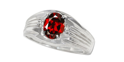 Sterling Silver 8X6mm genuine garnet with genuine diamonds Men's
