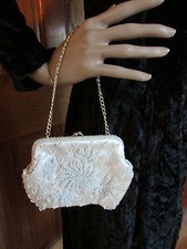 Vintage Walborg Ivory Satin and Beaded Evening Handbag Purse with Chain Strap