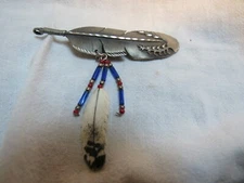 Vintage Native American Pin 3-1/2” Silver Metal Feather With Beads Dangles