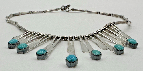 Vintage Navajo Turquoise Sterling Silver Sun Rays Necklace - Picture 3 of 16