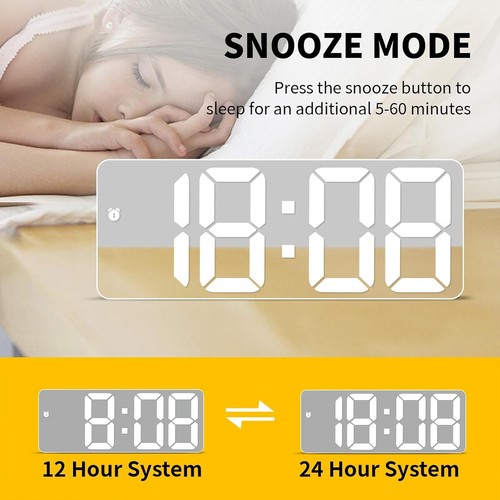 Digital LED Desk Alarm Clock Large Mirror Display USB Snooze Temperature Mode - Picture 9 of 25