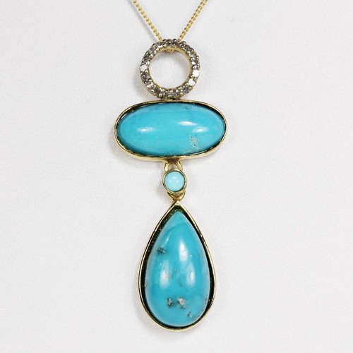 925 STERLING SILVER NATURAL BLUE TURQUOISE PEAR CAB PENDANT WITH NECKLACE 18" - Picture 6 of 9