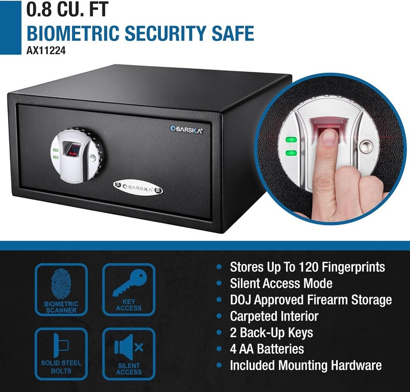 Barska DOJ Approved 0.8 Cu Ft Biometric Fingerprint + Key Lock Pistol Gun Safe