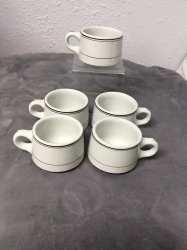 (5) Wellsville China Restaurant Ware Green Stripe Barrel Cup Mug Coffee Tea #1