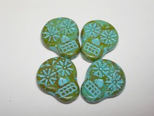 Czech glass Sugar Skull Beads - Turquoise Picasso - 4 beads - 20mm x 17mm