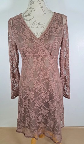 AVOCA ANTHOLOGY Boho Dress Brown Lace Slip with Liner Lagenlook Size 2 UK 12