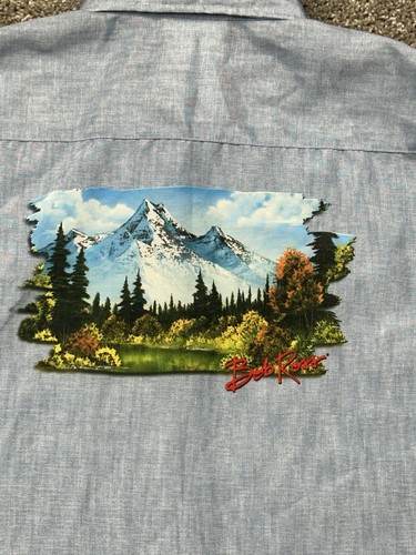 Bob Ross Shirt Mens Blue Large Happy Trees Scenic Retro Art Graphic Lake PIN - Picture 8 of 20