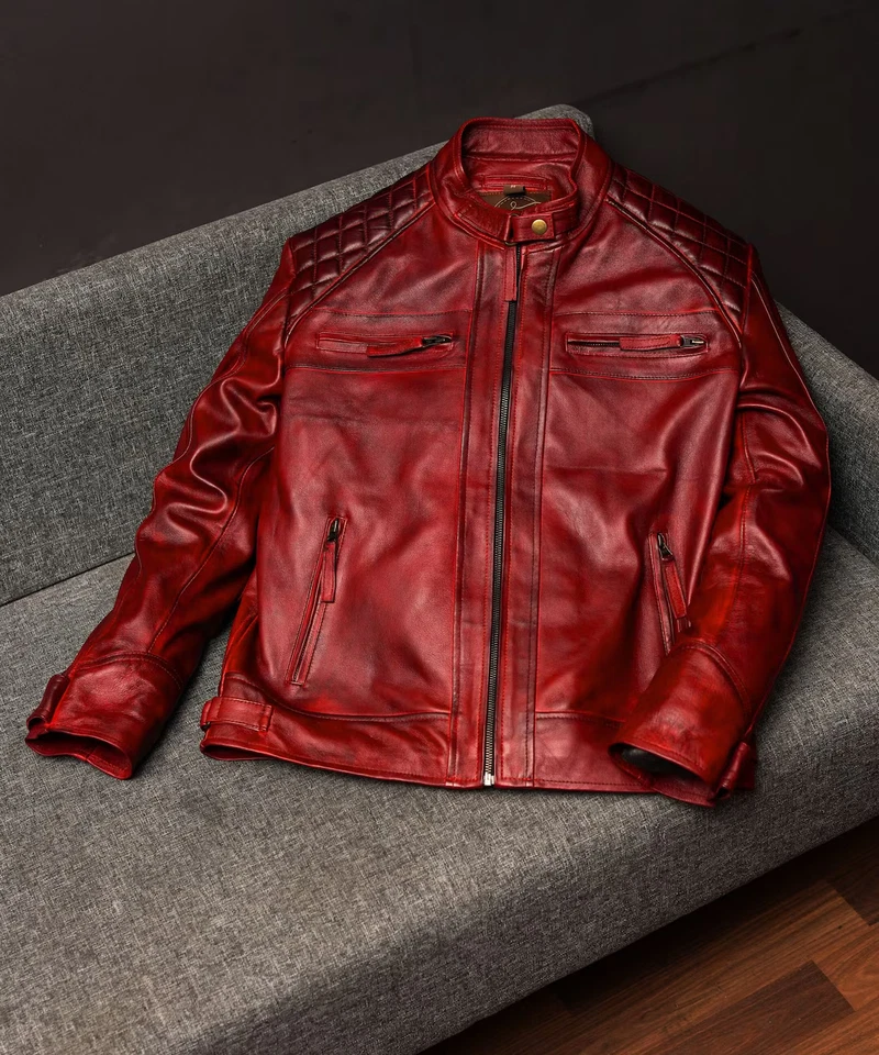 Men's Handmade Vintage Style Burgundy Red Leather Jacket Motorcycle Biker Style - Image 3 of 4