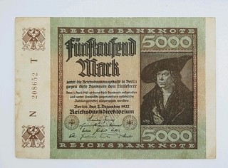 1922 Weimarer Republic GERMANY 5000 Mark Banknote Serial No. N 208652 T