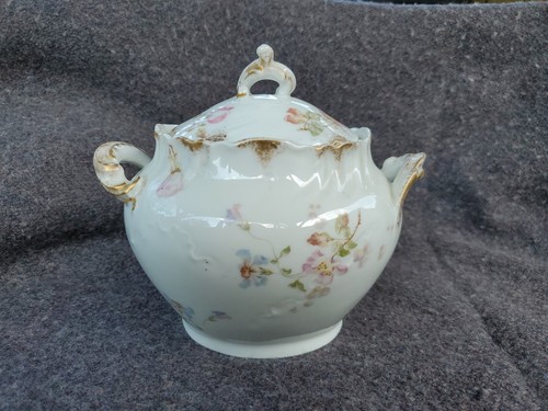 Haviland Limoges Oversized Sugar Bowl Pink Blue Floral Gold Scalloped Bright CT