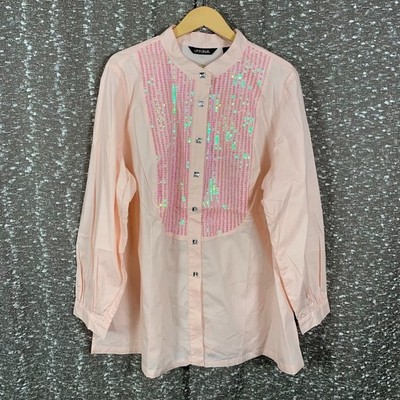 Chit Chat Pink Sequin Button Up Shirt Long Sleeve Glam NWT Women's 2X