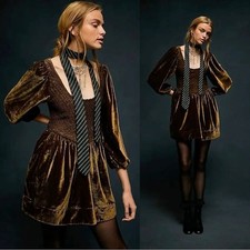 Free People Farrier Velvet Mini Dress in Brown Bear Size Small Holidays Winter