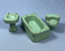 Vintage Strombecker Aqua Green 3 Piece Wooden Bathroom Sink Tub Toilet Dollhouse
