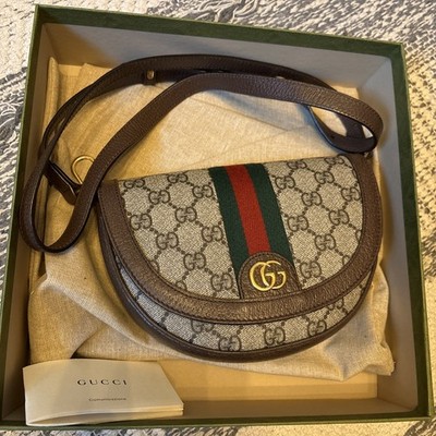 Gucci Ophidia GG Pattern Small Crescent Crossbody Web Stripe Gold Hardware