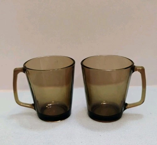 2 Vintage Pyrex 1400 Smoked Amber Glass Cup Mugs, Made In USA