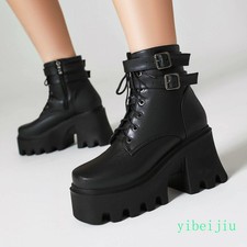 Women's Platform High Block Heel Ankle Boots Knight Leather Fall Shoes Oversize